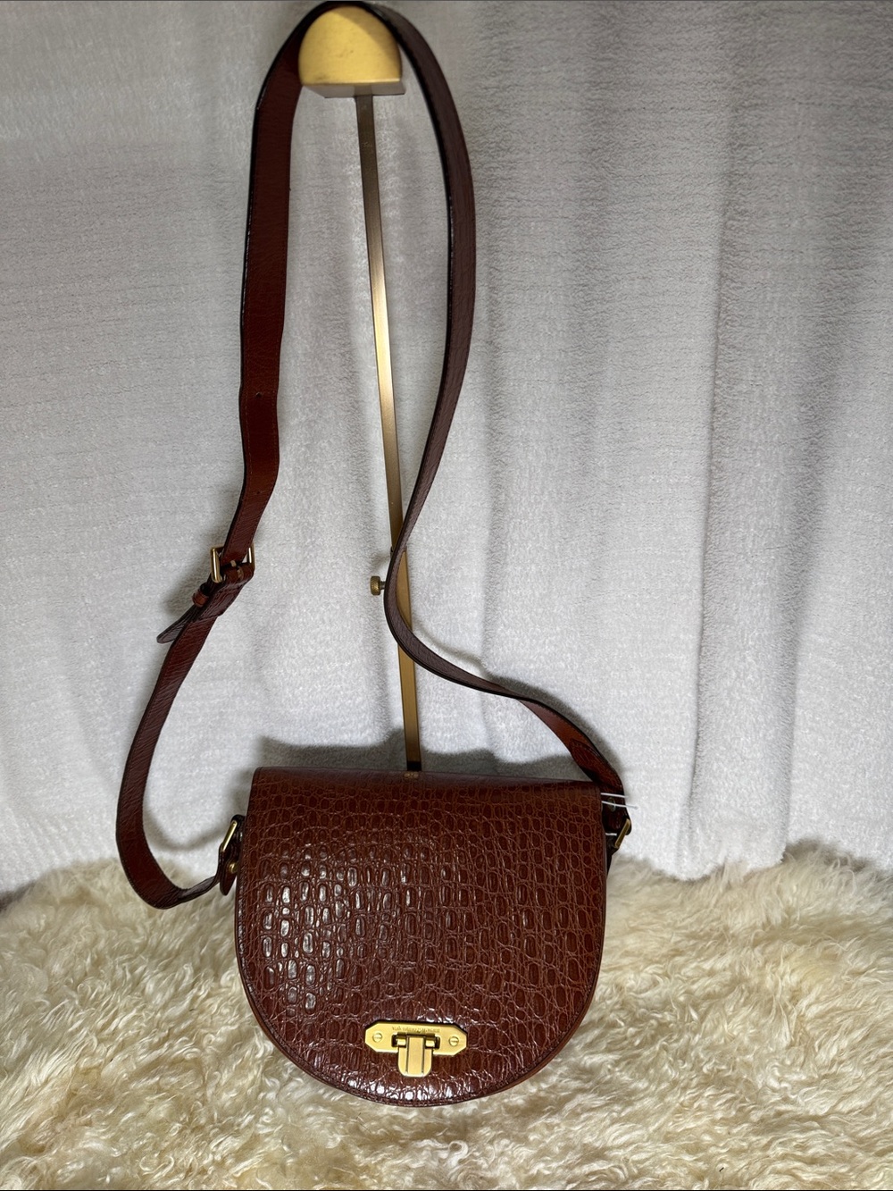 Valentino Garavani Brown Croc-Embossed Crossbody Bag with Gold Hardware